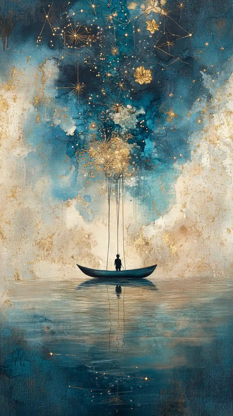 Surreal sky tapestry lowered over a calm reflective horizon