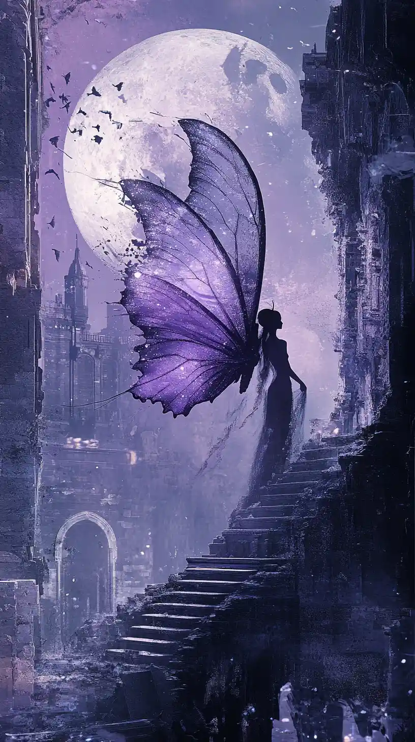 Surreal Woman Silhouette With Lunar Moth Wings At Moonlit Palace