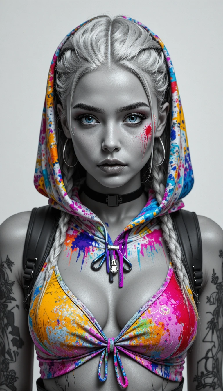 Ritratto monocromatico di una donna con crop top colorato con cappuccio