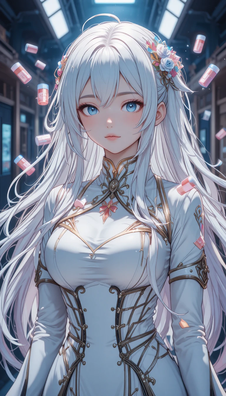 Anime nurse with flowing white hair in pink office