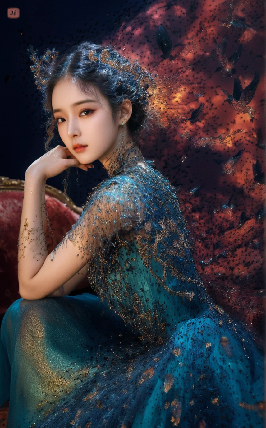 Surreal woman on a lounge between elegant and uncanny forms