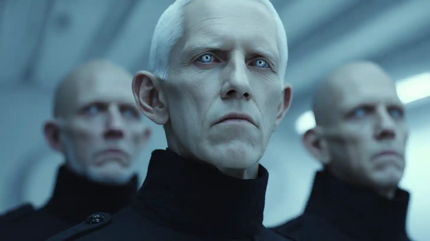 Group portrait of futuristic priests in a space hangar