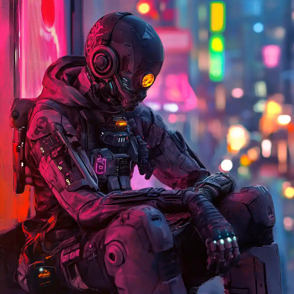 Cyberpunk armored bird knight perched on a spring branch