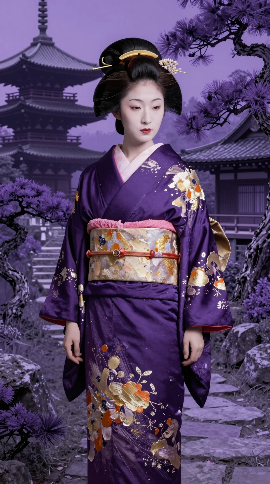 Geisha portrait in a purple kimono before mystical pagodas