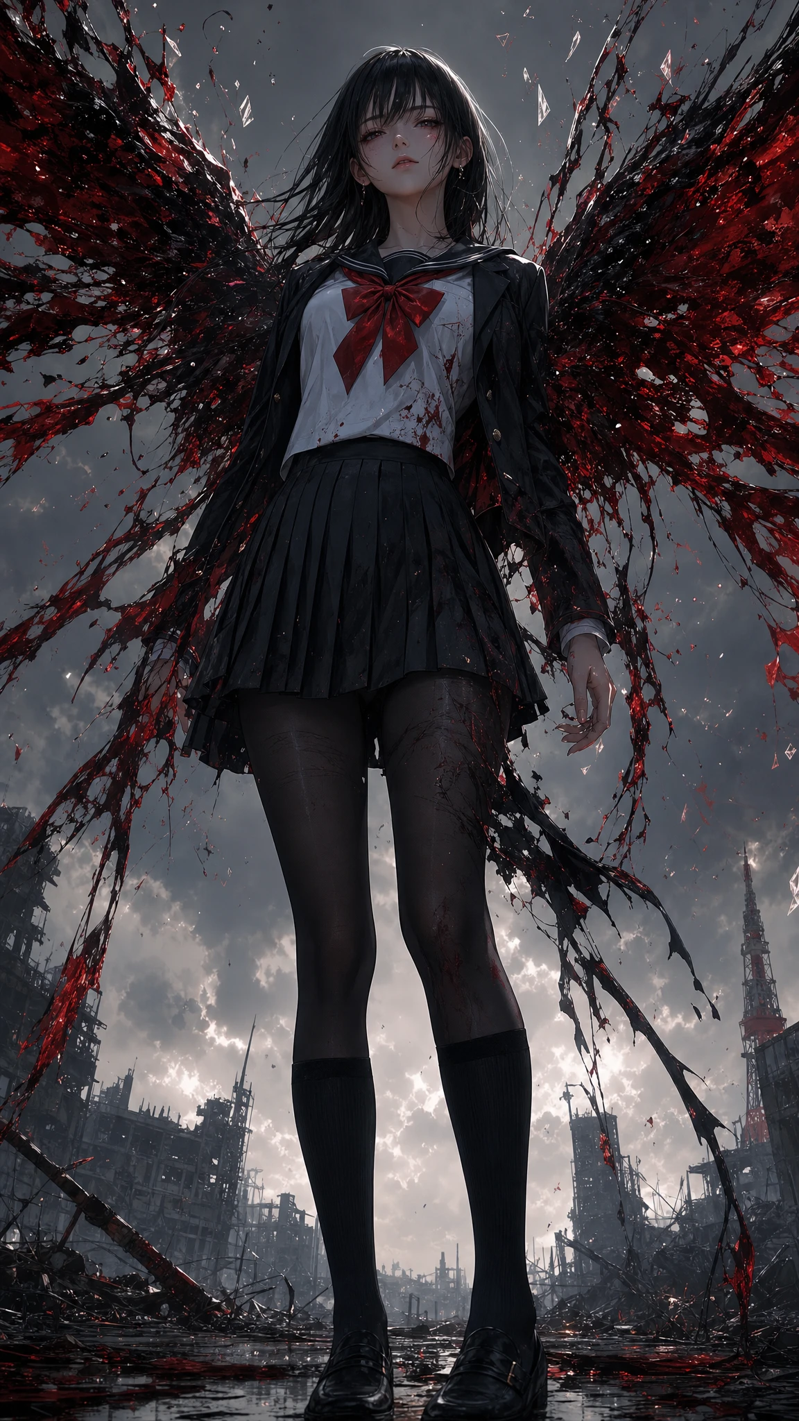 Anime schoolgirl with bloodlike wings in ruined city
