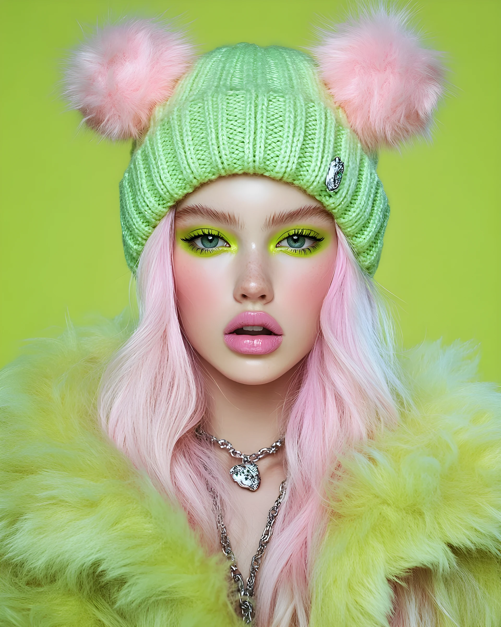 Pastel pink haired model in neon green studio portrait