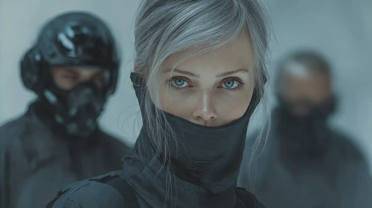 Older sci fi woman in cyber suit aboard alien spaceship