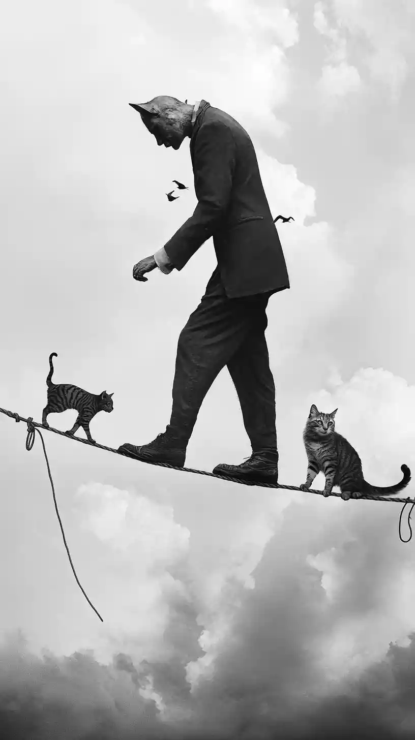 Cat balancing on a tightrope with surreal confidence