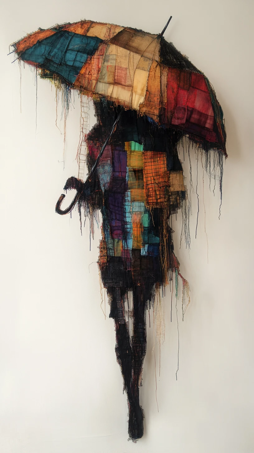 Patchwork umbrella dissolving into digital glitch fragments
