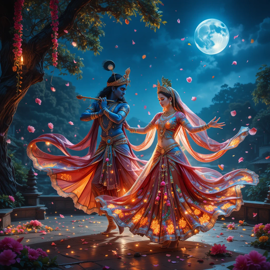Divine Radha and Krishna Raslila dance under moonlit sky