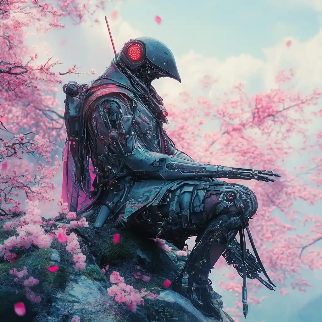 Cyberpunk armored crane knight perched on spring branch