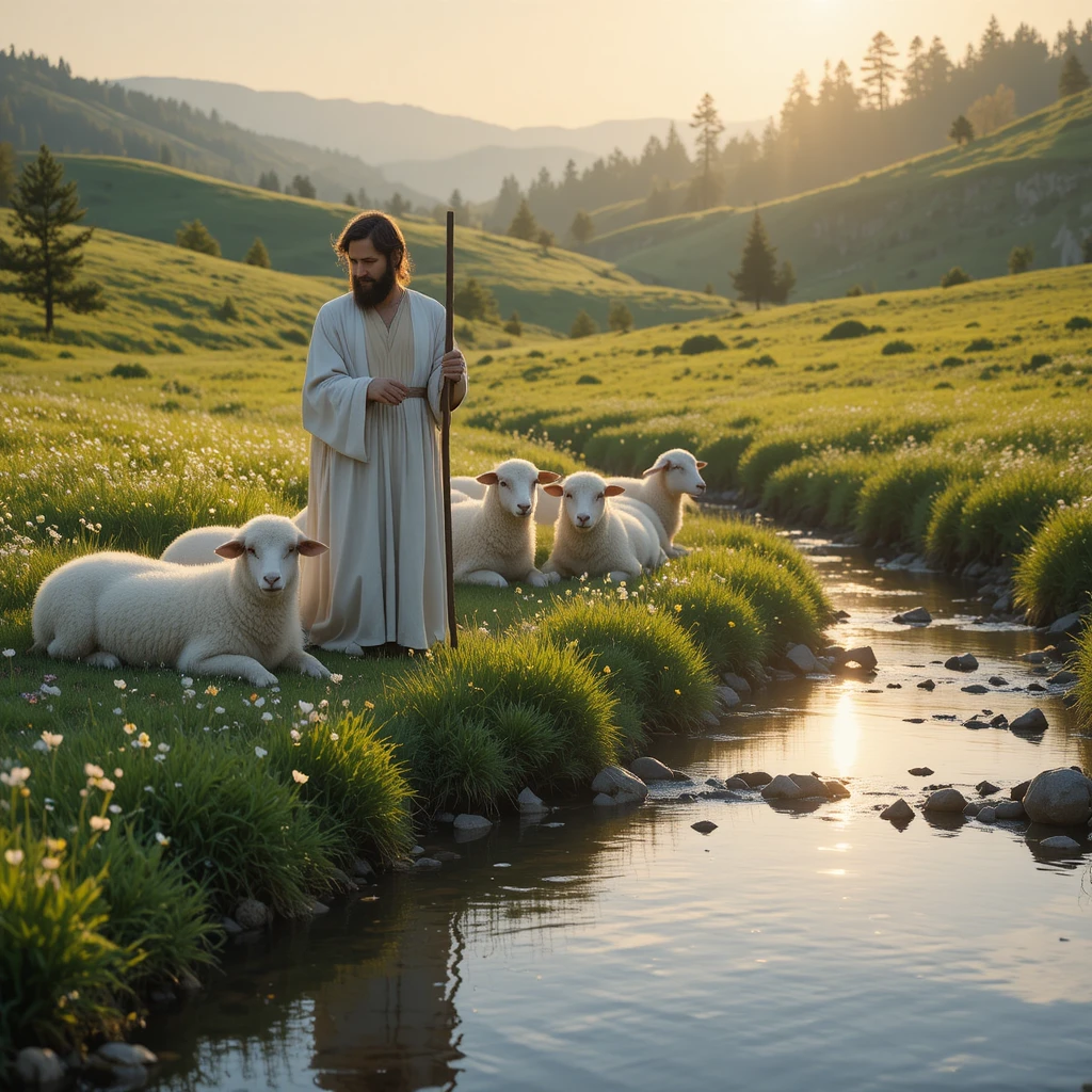 Shepherd With Resting Sheep In Green Pastures By Still Waters