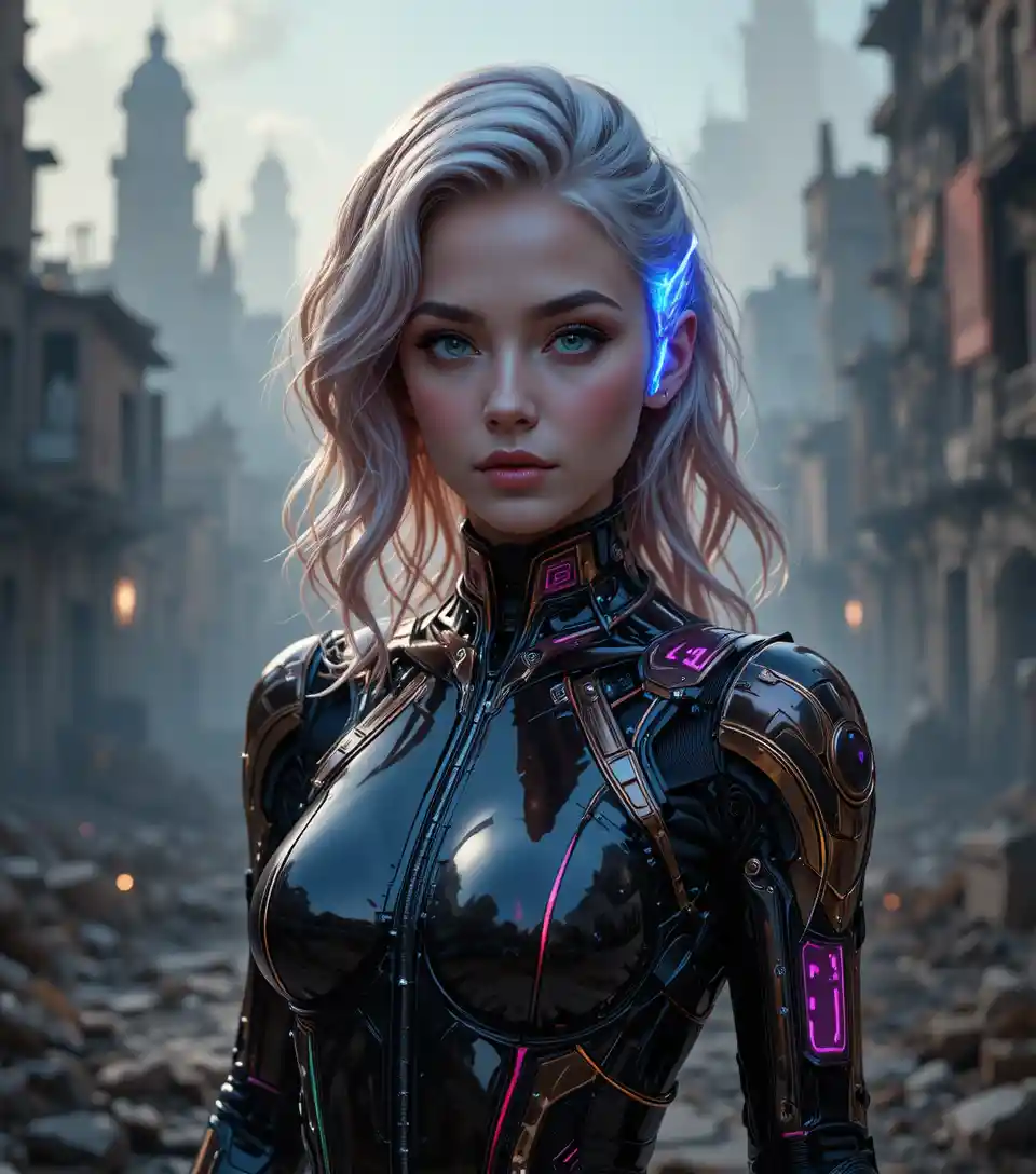 Cybernetic woman with biomechanical wolf in ruined city