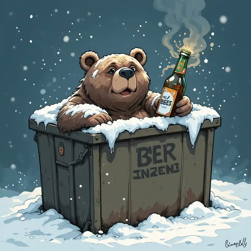 Lazy bear resting in a dumpster on a snowy cold day