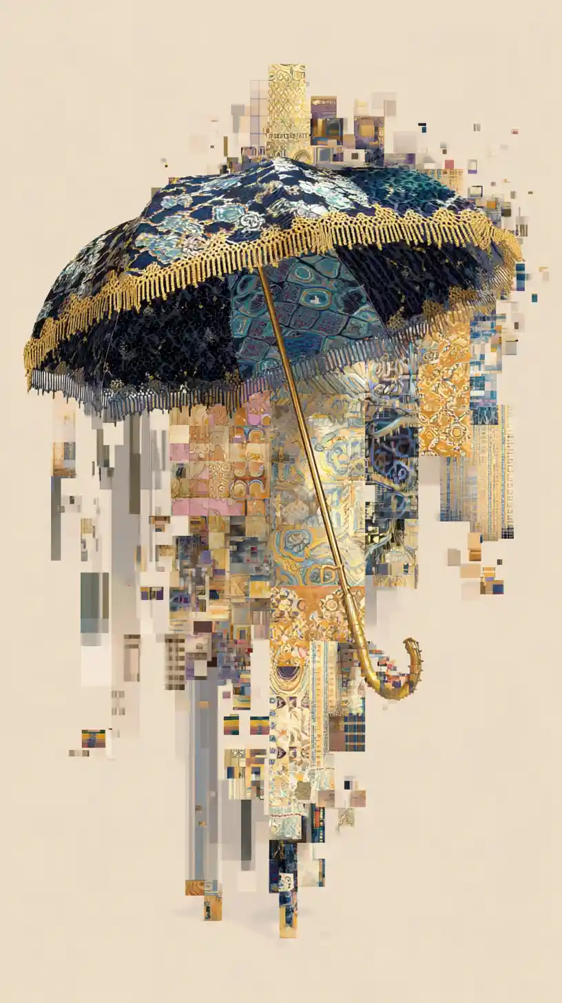 Surreal Patchwork Umbrella Distorted By Digital Glitches