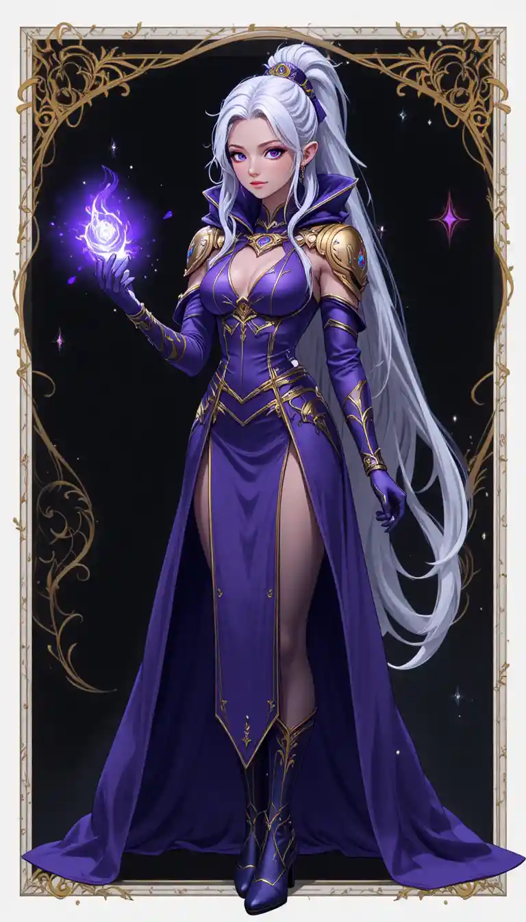 Anime time mage girl in ornate violet and gold robes