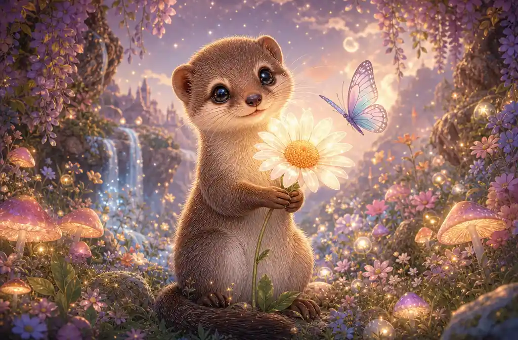 Cute mongoose holding glowing daisy in magical meadow