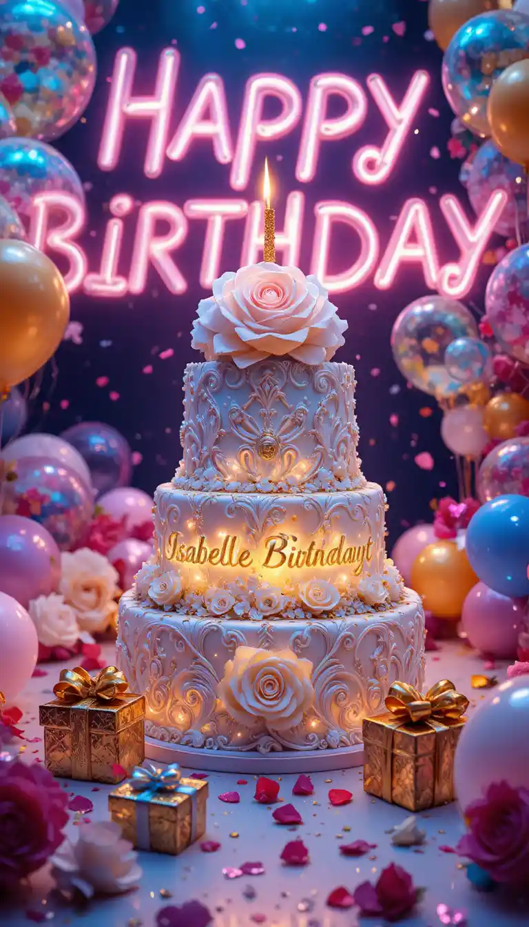 Royal white birthday cake with glowing candle and gifts