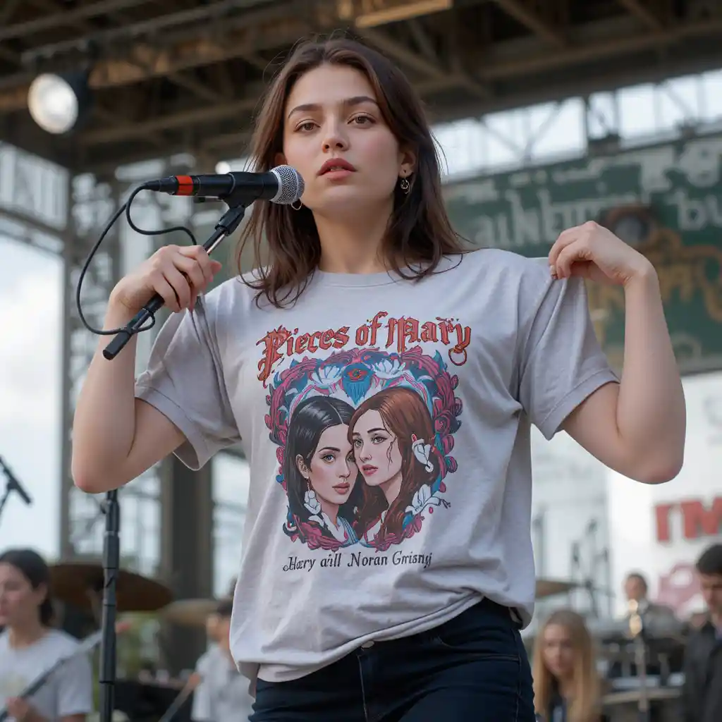 Female grunge musician showing new band shirt on stage