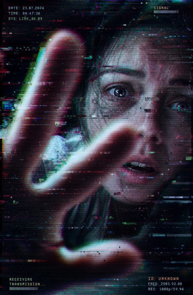 Anxious woman from the future in glitch close up portrait