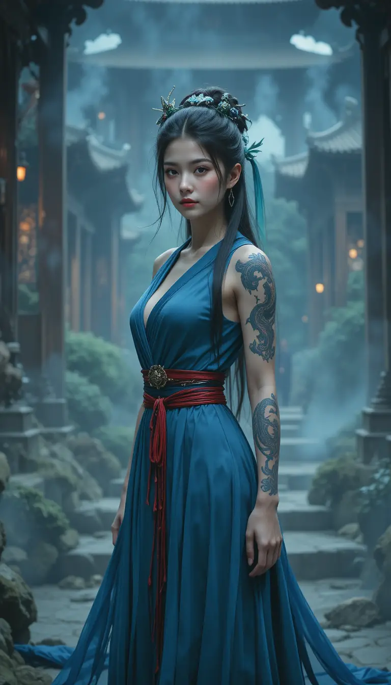 Asian woman in blue dress at misty buddhist temple