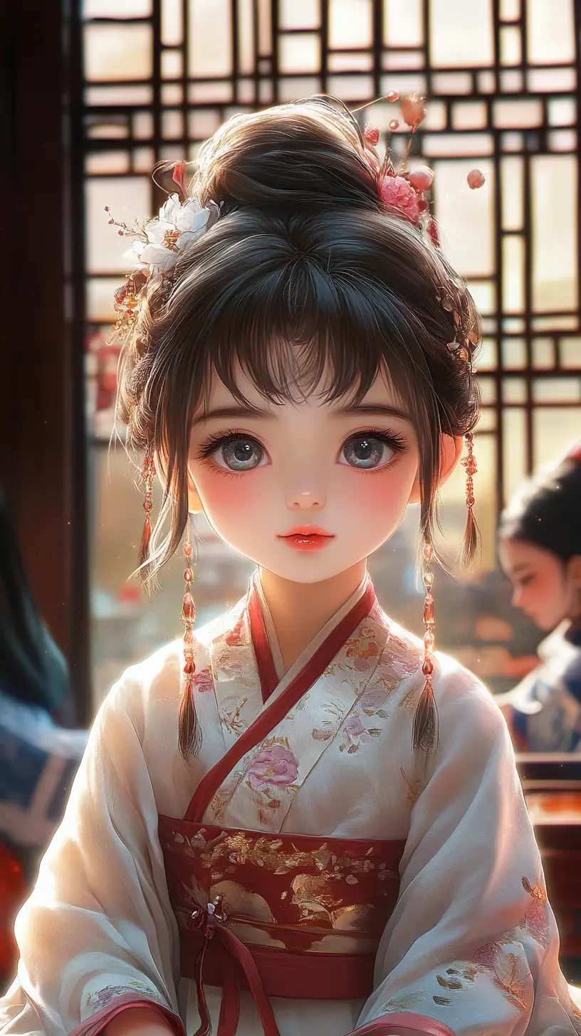 Young girl in white hanfu in a sunlit study