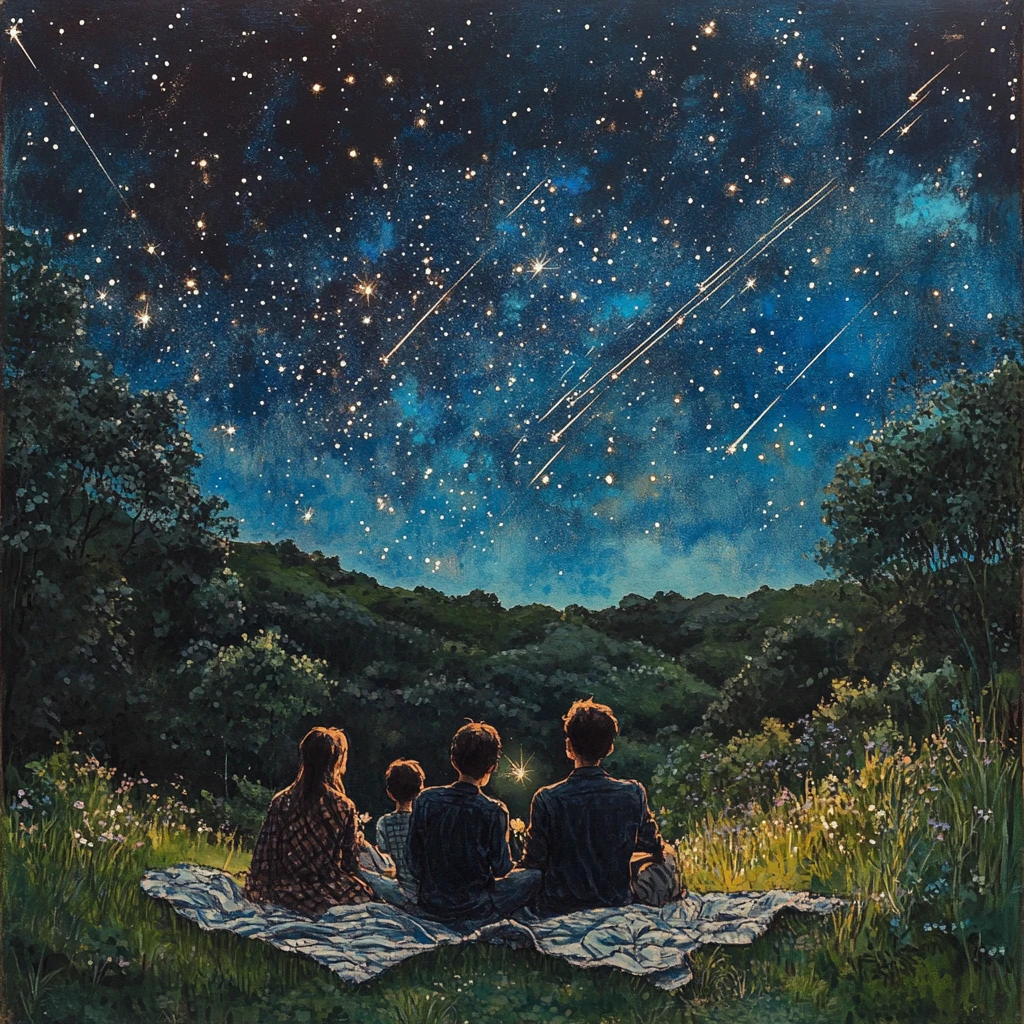 Family watching shooting stars on a quiet green hillside