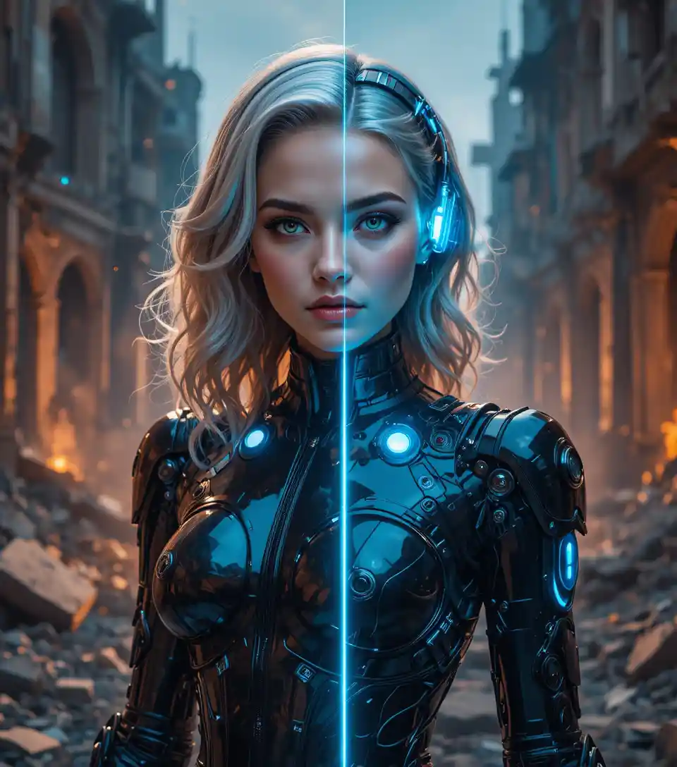 Cybernetic woman with biomechanical wolf in ruined city