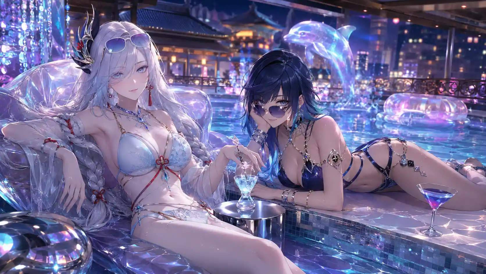 Anime women relaxing at a neon indoor infinity pool