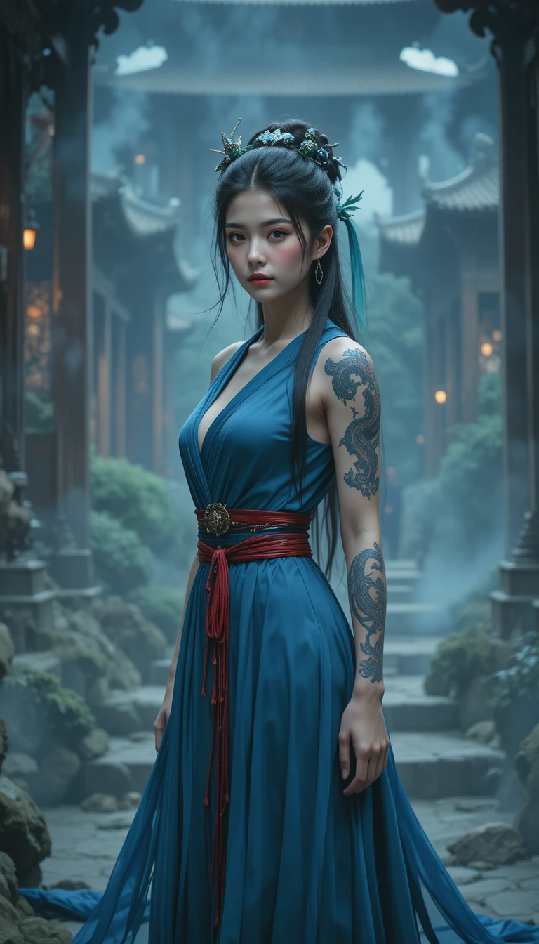 Asian woman in blue dress at misty buddhist temple