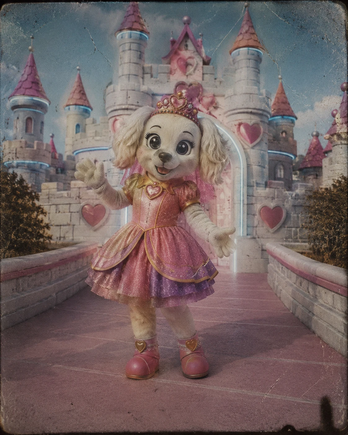Dog mascot princess standing in front of a fantasy castle