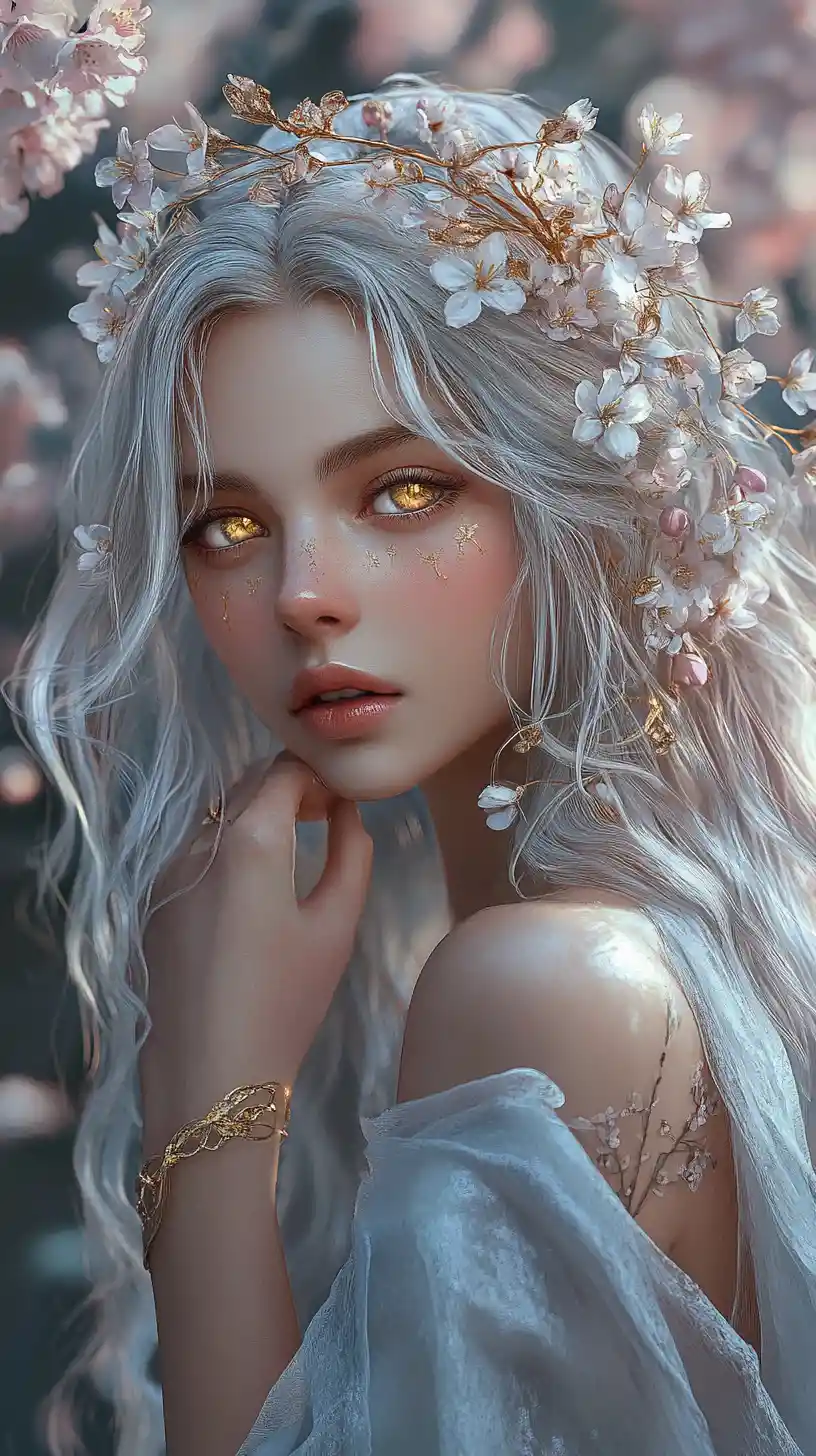 Ethereal woman with blossom crown in moonlit garden
