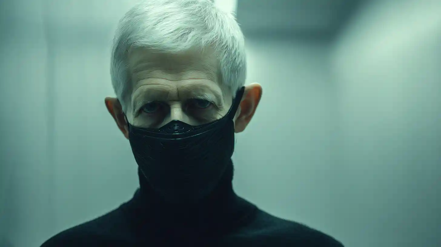 Old man in futuristic cyber suit inside a spaceship