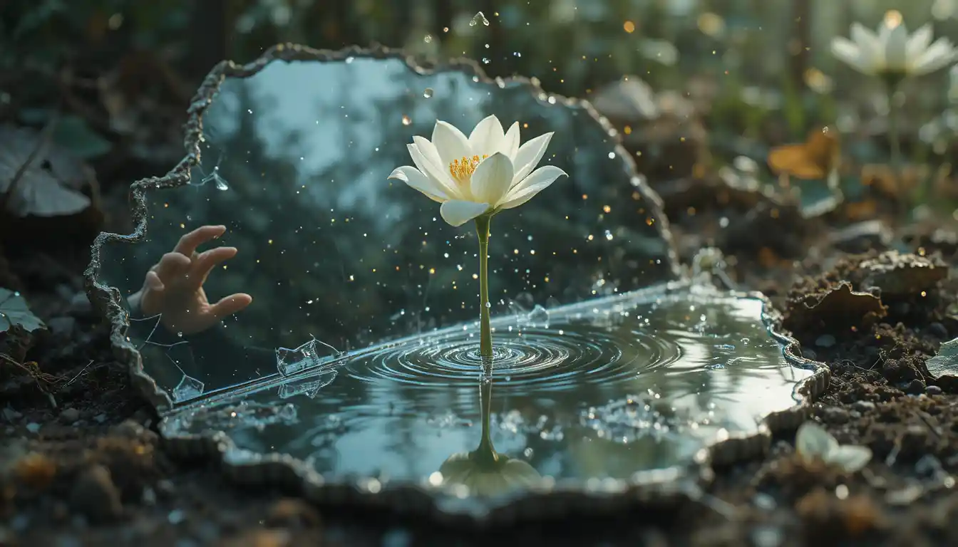 Elven girl touching her own hand through a rippling mirror