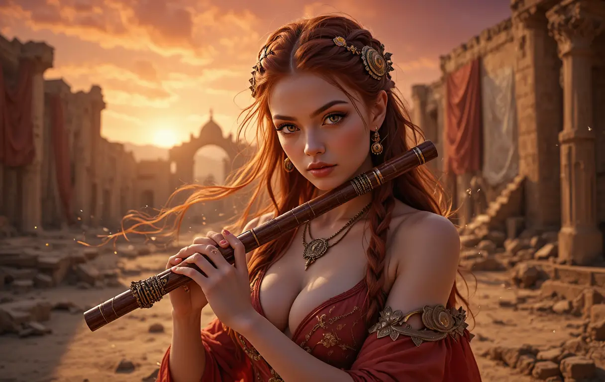 Fiery haired fantasy bard playing a flute in desert ruins
