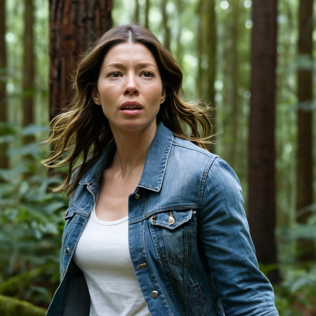Scared woman in denim jacket walking through dark forest