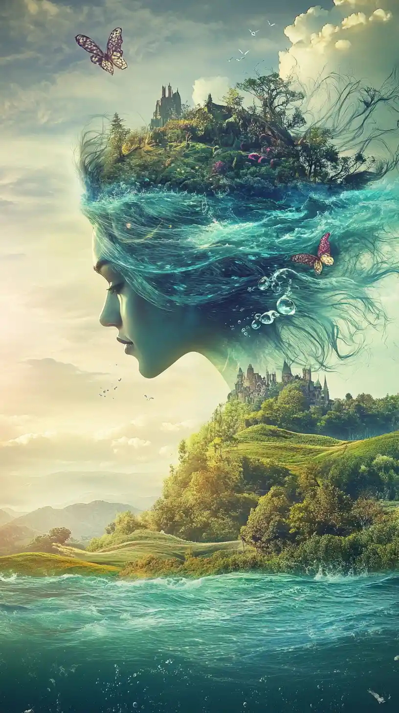 Mystical aquatic goddess rising from turquoise forested waves