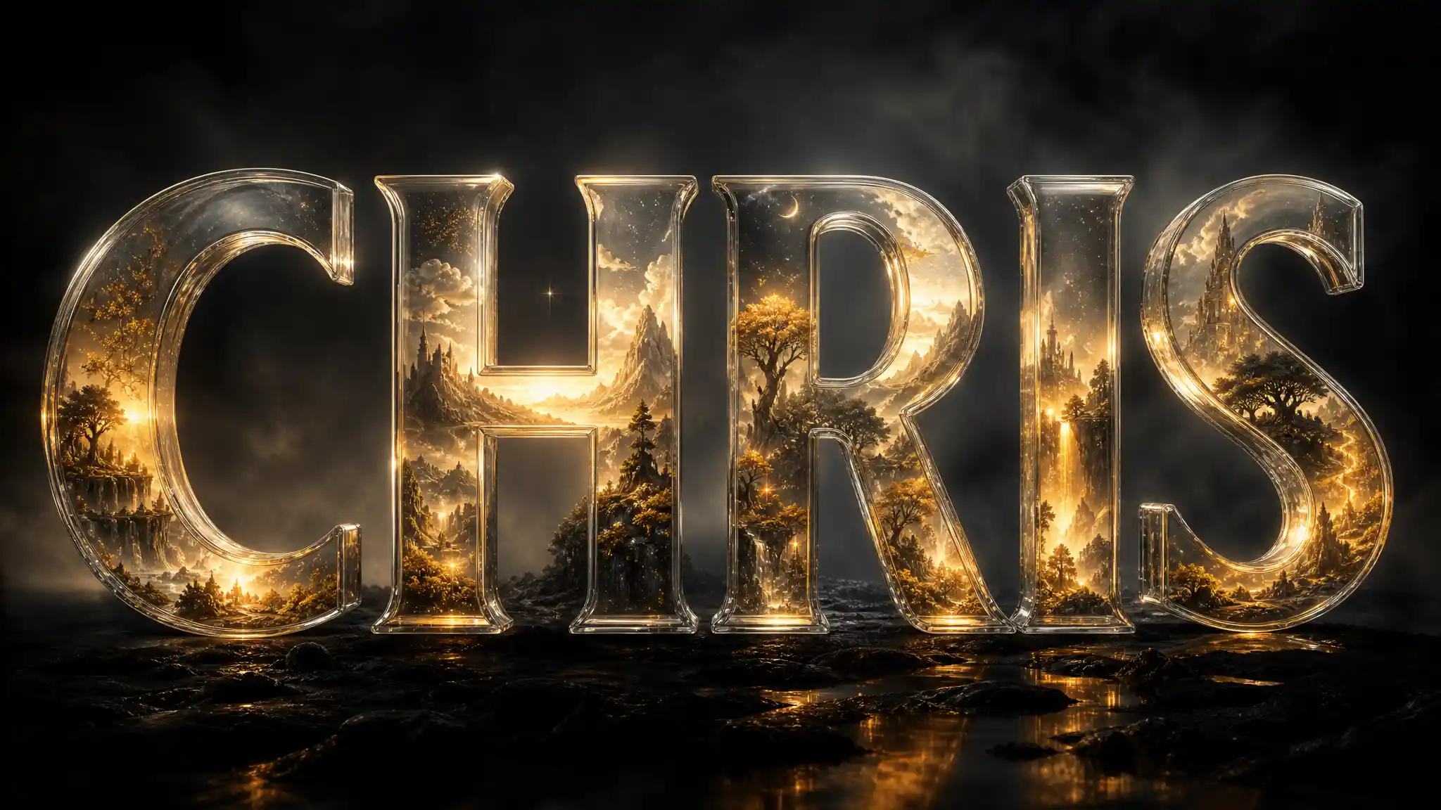 Glowing glass letters revealing a mystical inner landscape