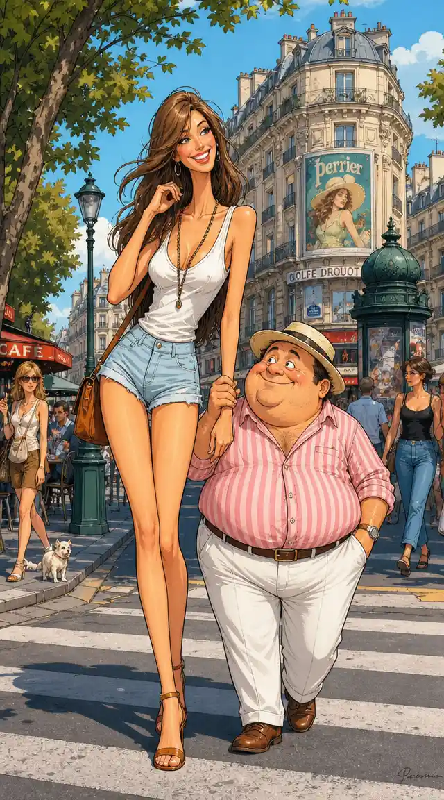 Tall thin woman and short round man on city crosswalk