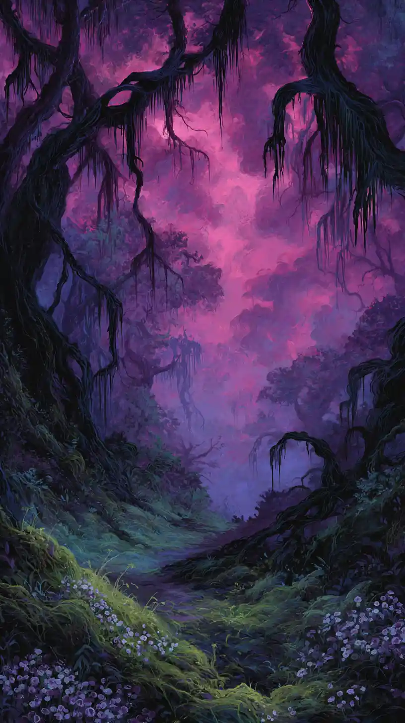 Mystical twilight forest with ancient trees and winding path
