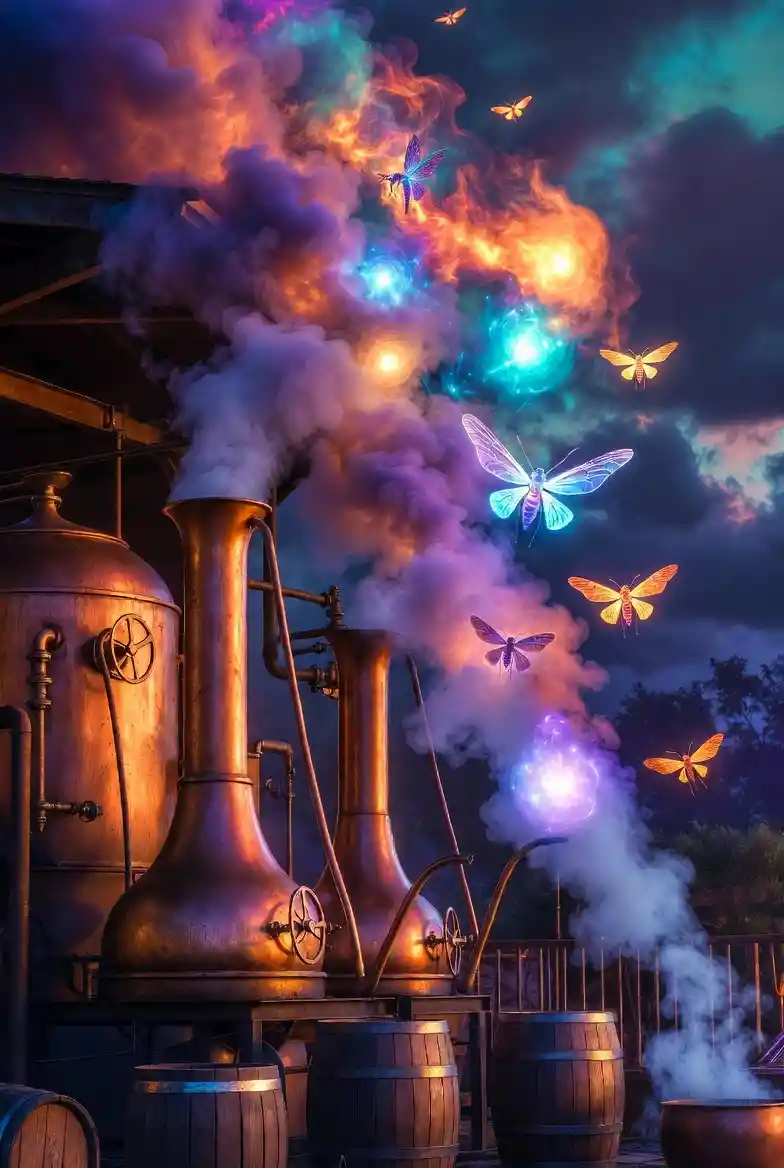 Surreal brewery of magical bubbling sources in dreamy colors