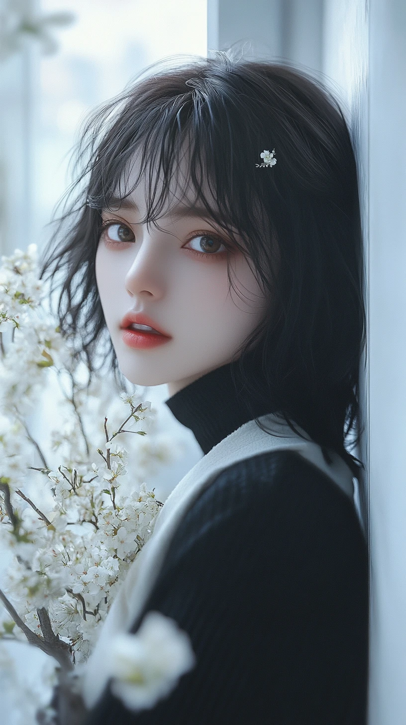 Anime-Mädchen mit weißen Blumen am hellen Fenster