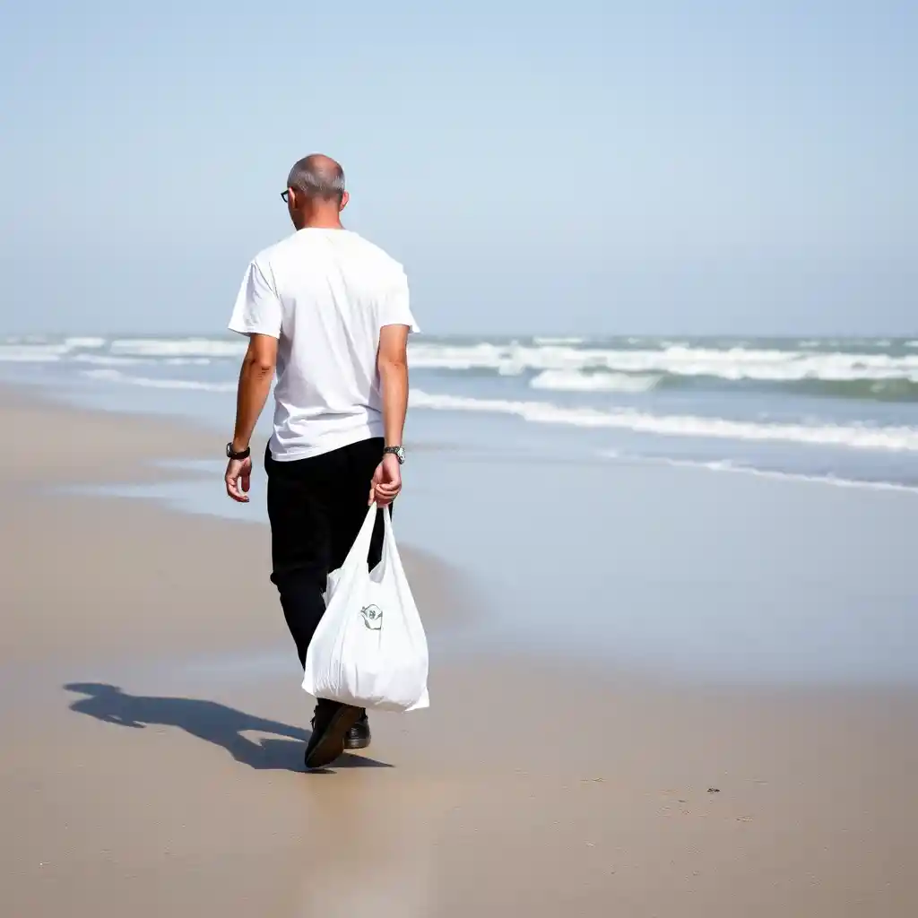 Man walking alone across a quiet sandy beach