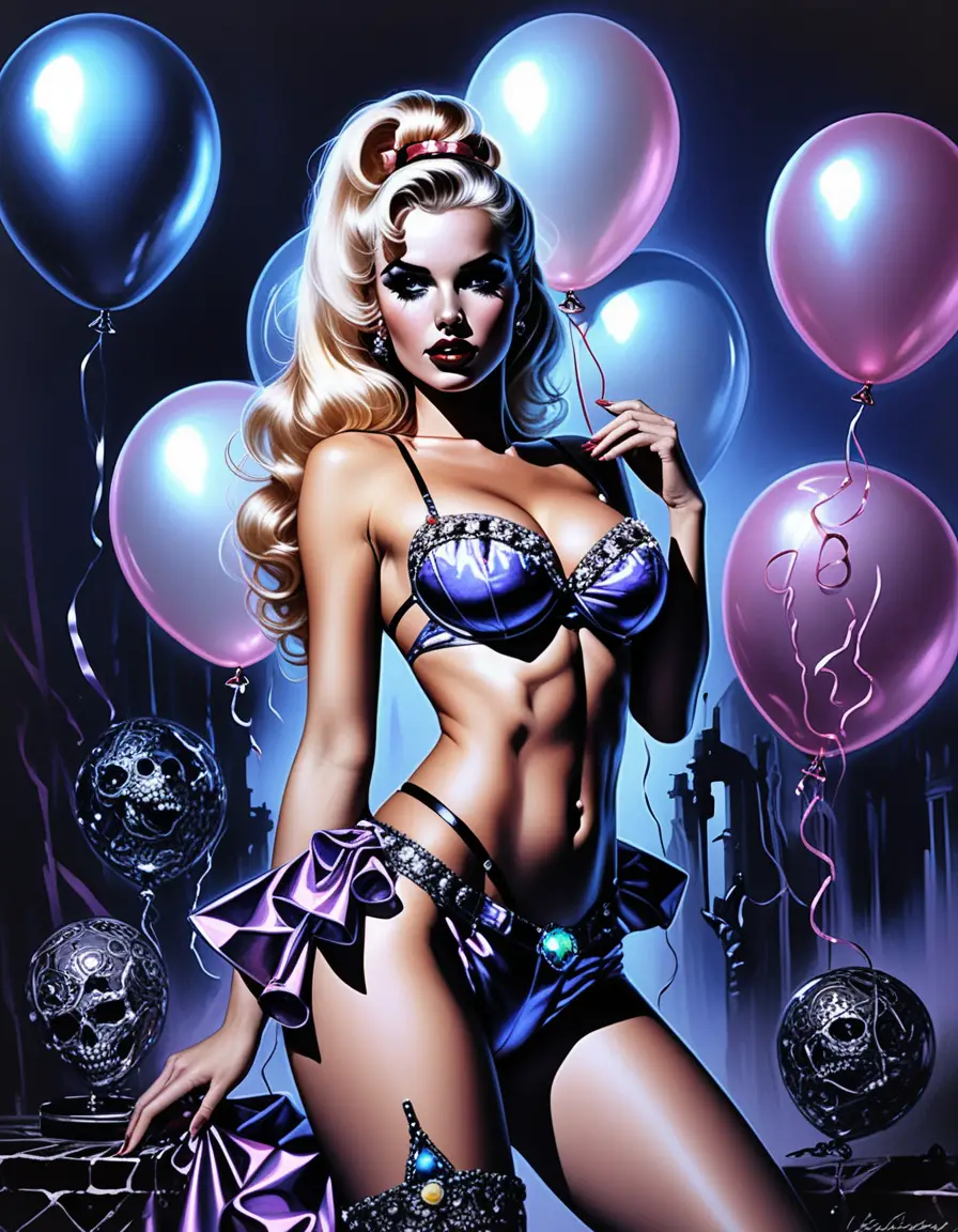 Neon fantasy pin up birthday scene with glamorous woman