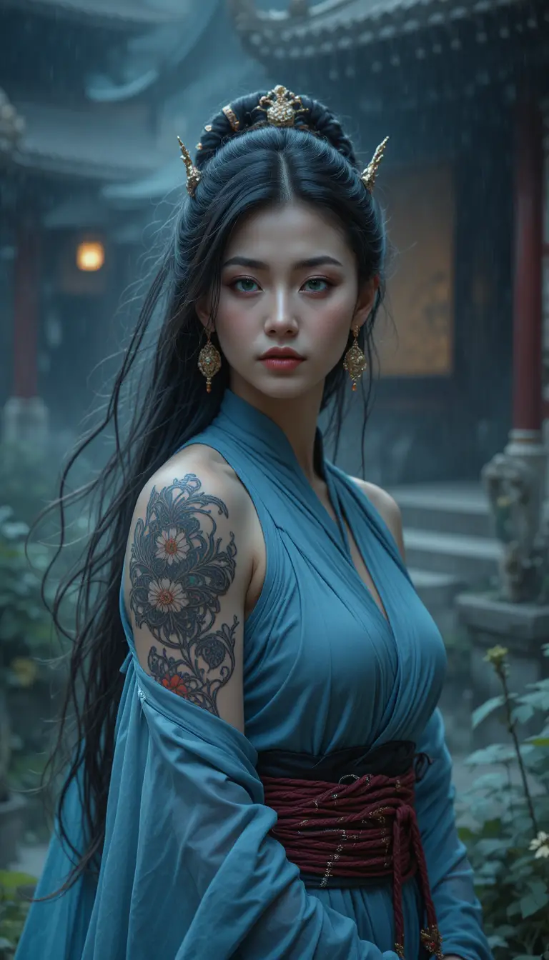 Asian woman in blue dress at misty buddhist temple