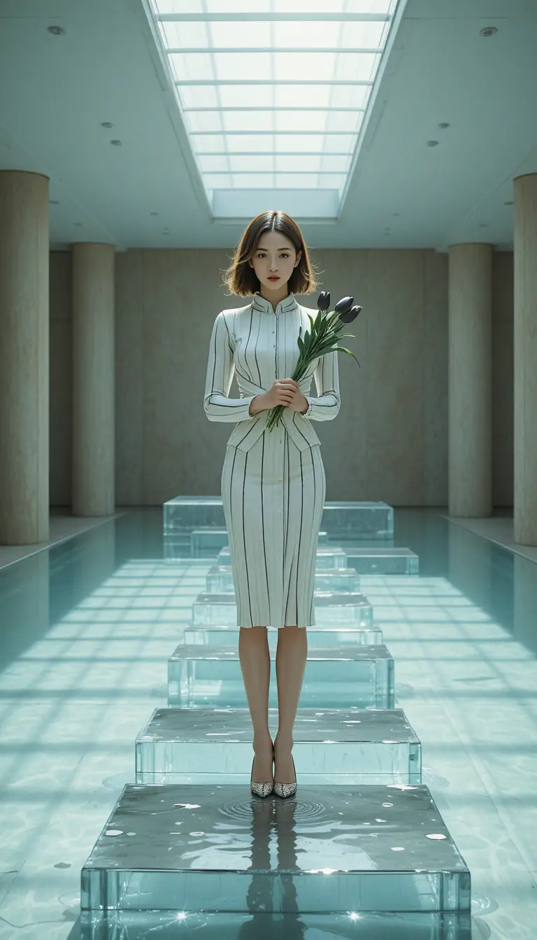 Asian model in white striped dress over reflective indoor pool