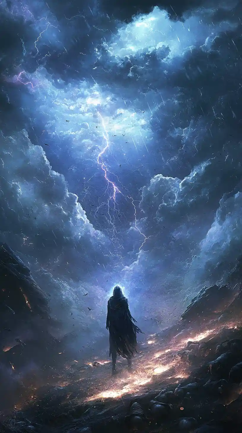 Young boy standing in a stormy night street with lightning