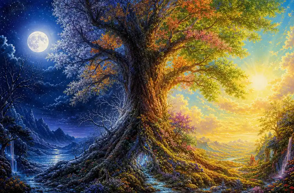Ancient world tree dividing night moon and bright sun