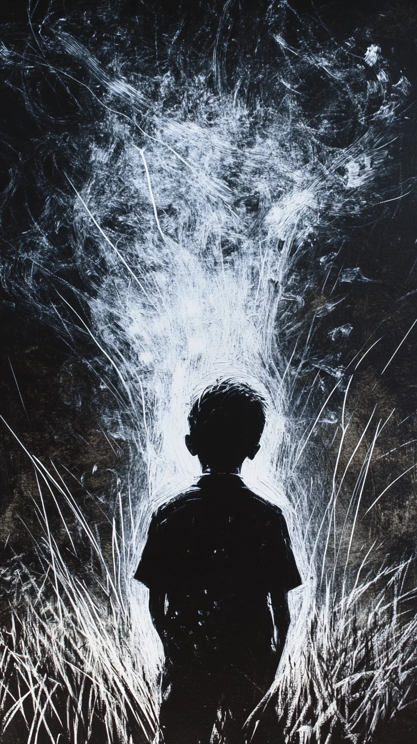 Young boy standing on a rainy night under lightning