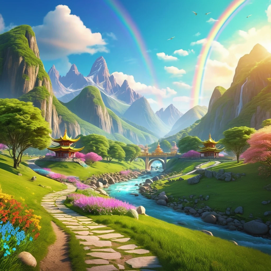 Green mountains and river in a peaceful fantasy valley